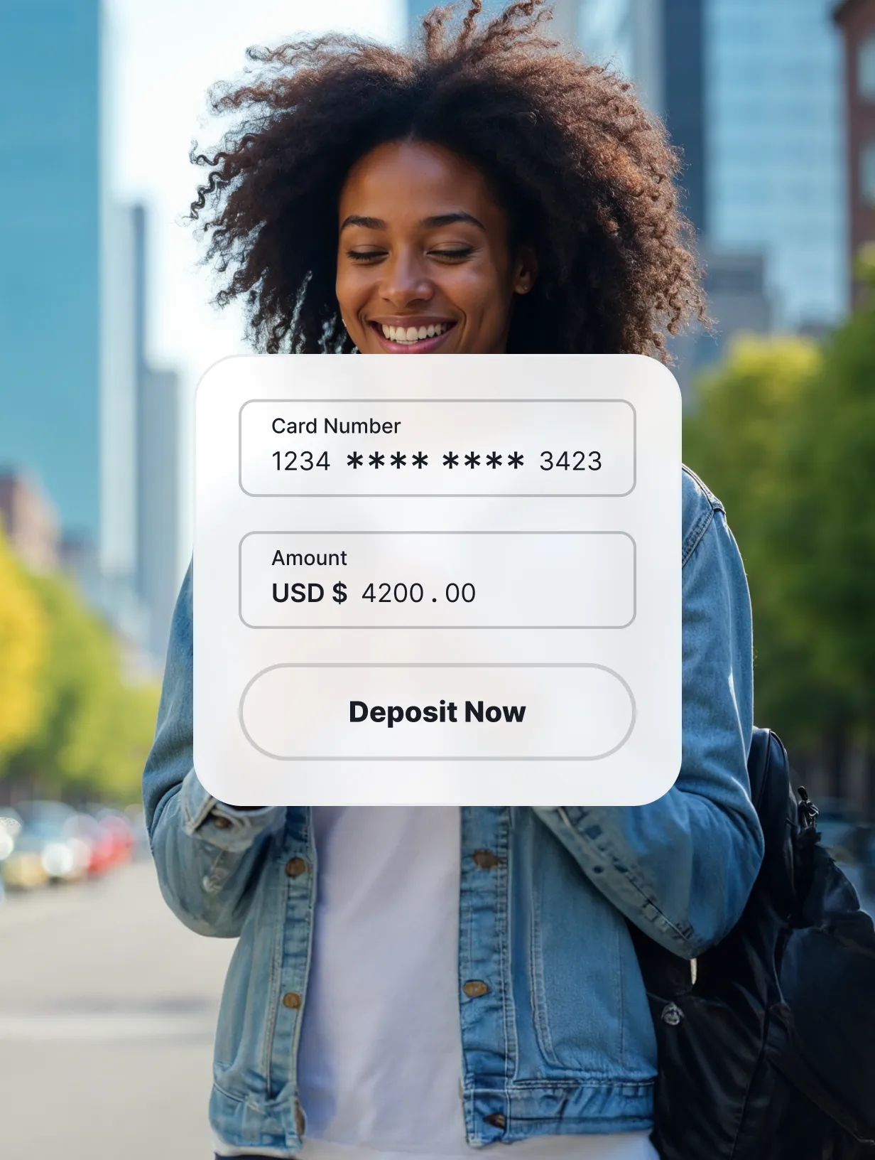 A woman making an online deposit using a card, displayed on a secure payment form